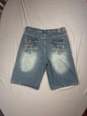 Vintage Emcee Y2K Shorts Mens 38 Baggy Blue Denim Embroidered Hip Hop Skater